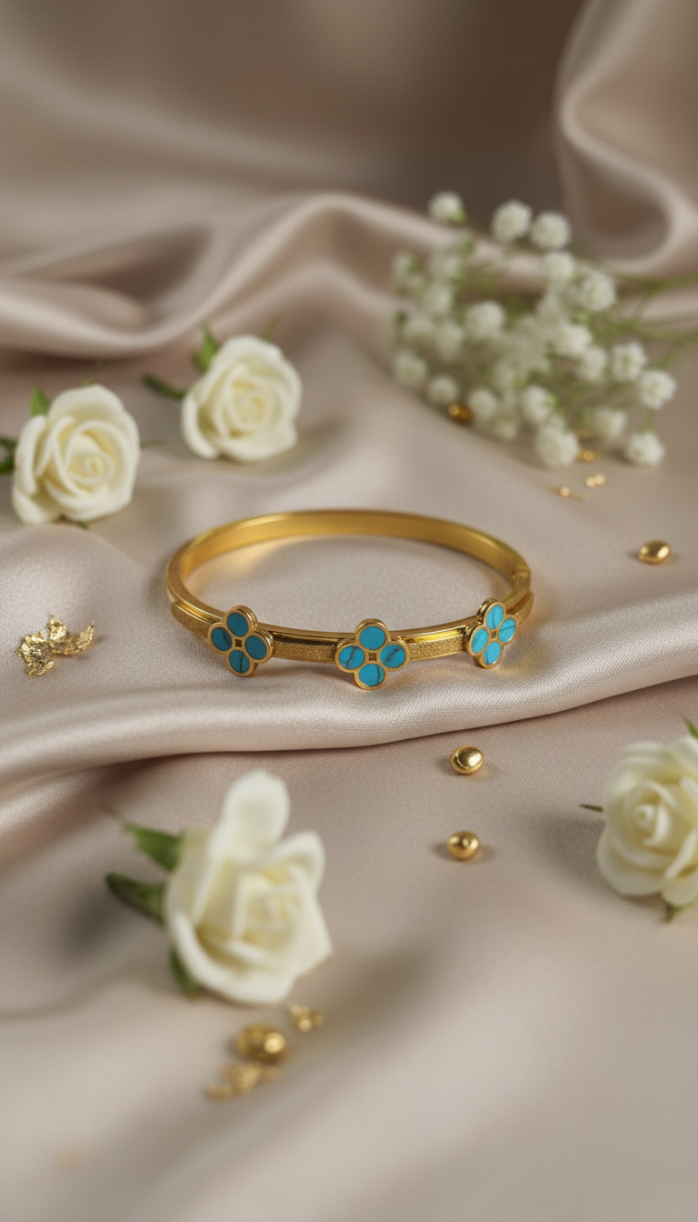 Gold Turquoise Stone Bangle - Elegant Setting